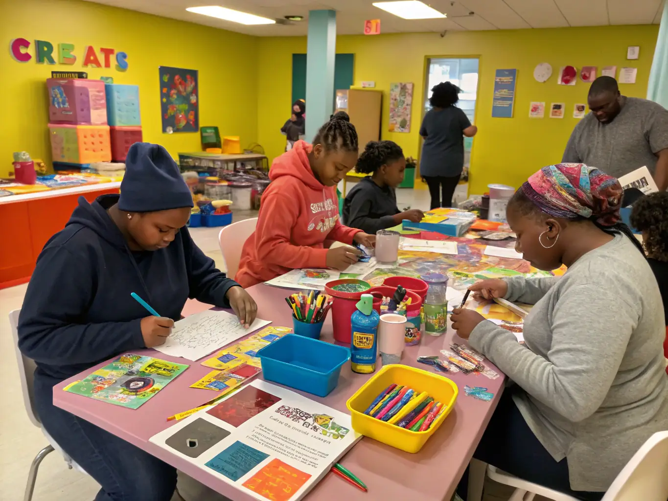 A vibrant image depicting participants actively engaged in a community art workshop, showcasing collaborative creativity and hands-on artistic learning.