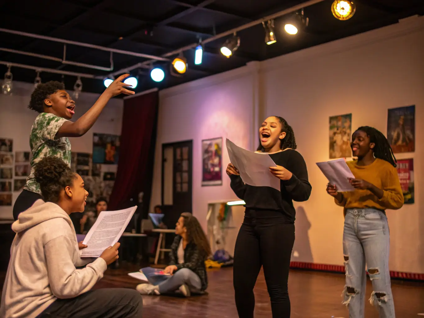 A vibrant photograph capturing a community theater workshop in progress, showcasing participants actively engaged in a theatrical exercise, with a focus on collaboration and creative expression.