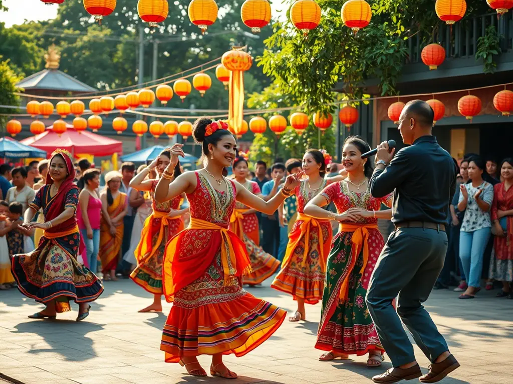 A captivating image of a live cultural performance, featuring local artists and musicians, set against a backdrop of enthusiastic audience members.
