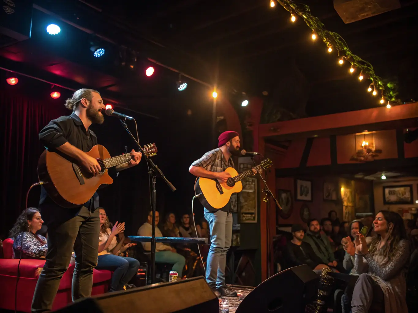 A captivating image of a musical performance held in a rural community center, featuring musicians and singers entertaining an enthusiastic audience, emphasizing the joy of live music.